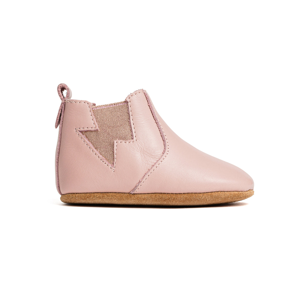 Side view of baby boot in colour blush with lightning detail