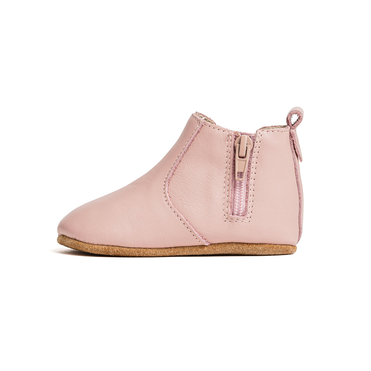 Side view of baby boot in colour blush with lightning detail and zip