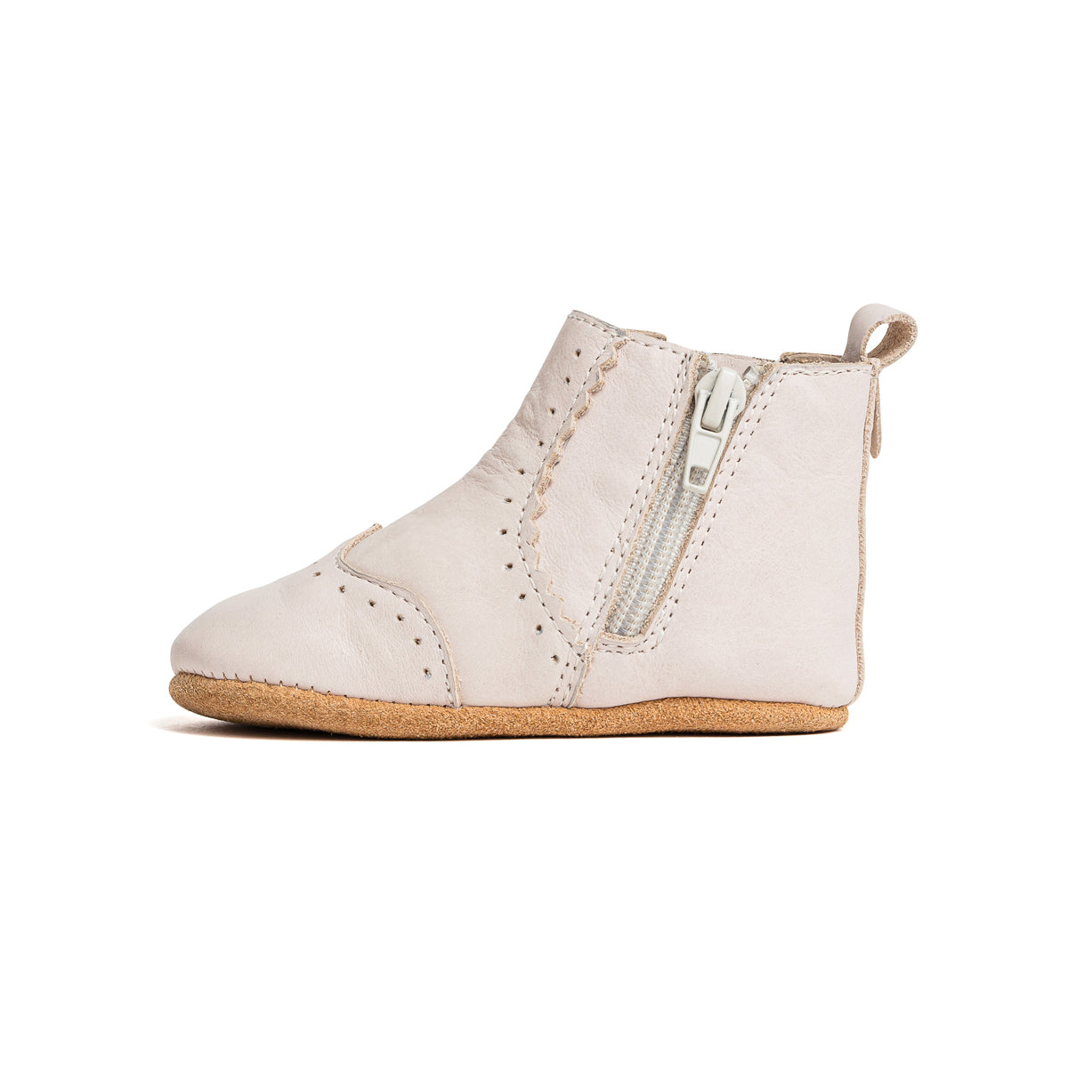 Side view of baby windsor boots in colour Stone with zip detail