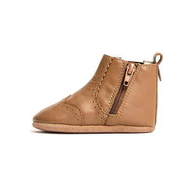 Side view of baby windsor boots in colour Tan with zip detail