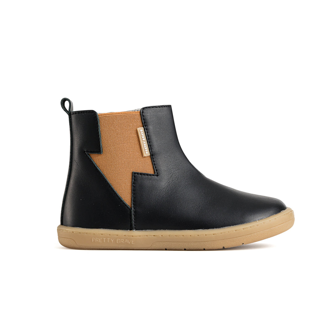Side view of lightning detail boot in colour black. 