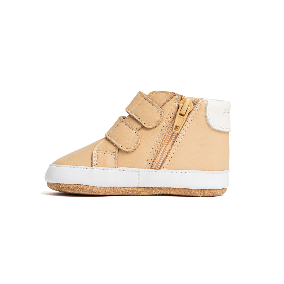 Side view of Butterfly hi-top shoe in camel with zip detail