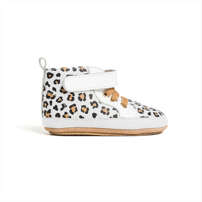 Side view of Hi Top shoes with leopard  detail