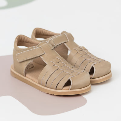 Pair of Frankie sandals in colour Tan with weave detail on top