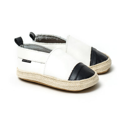 white with black toe espadrille pair Pretty Brave baby shoes
